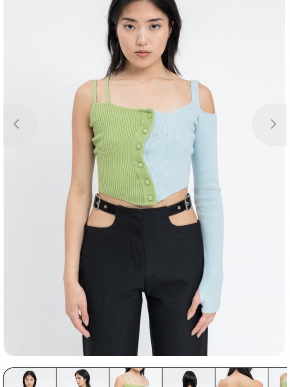 Asymmetrical Knit Long Sleeve Top in Green & Sterling Blue GUIZIO